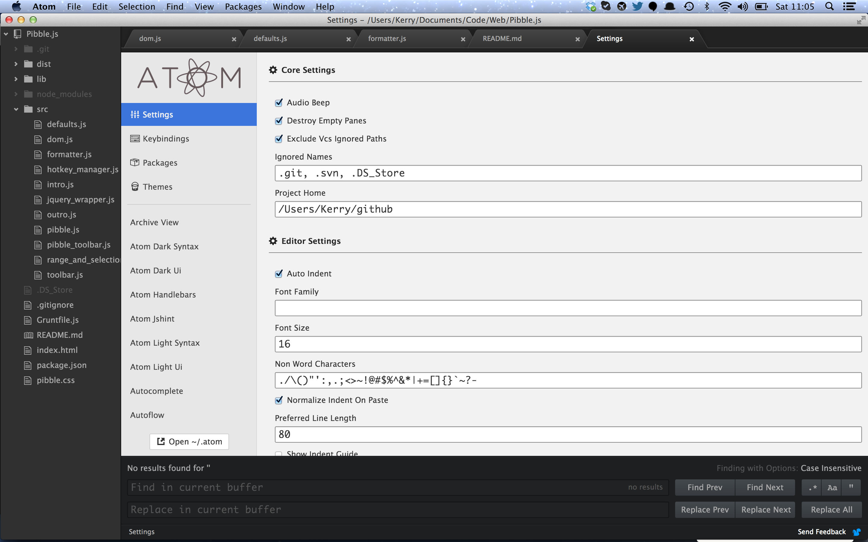 Settings panel